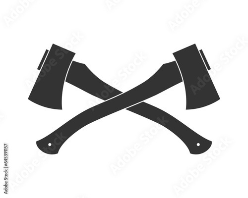 Two crossed axe graphic icon. Hatchets isolated sign on white background. Symbol working tools lumberjack. Vector illustration