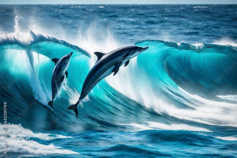 Naklejka premium Playful Dolphins Leaping Amidst Crashing Waves