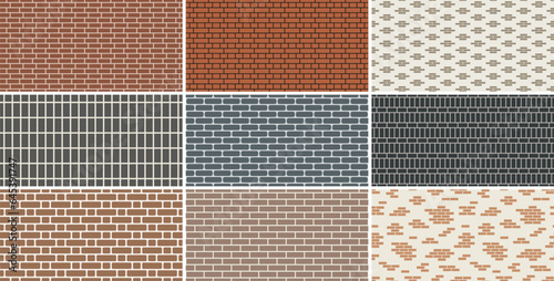 Collection of brick wall seamless patterns. Simple endless color brickwork decorative backgrounds. Minimalistic geometric repeatable textures