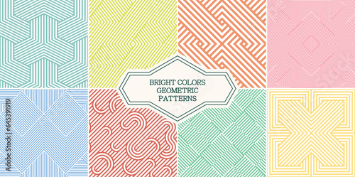 Collection of color geometric seamless patterns. Bright endless striped textures. Creative retro backgrounds, abstract fabric prints
