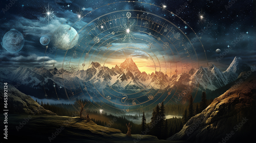 montanhas Zodíaco, Fantasia Astrologia - obrazy, fototapety, plakaty 