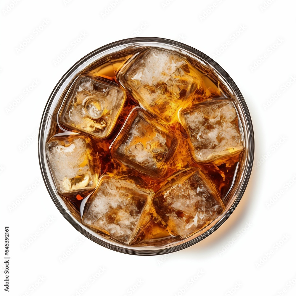 Top View of Glass with Soft Soda Drink and Ice Cubes Isolated on White Background. Generative ai Top View of Glass with Soft Soda Drink and Ice Cubes Isolated on White Background. Generative ai