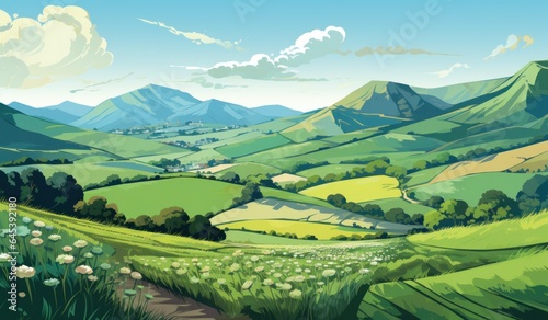 A farmland illustration with the mountains in the background
