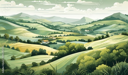 A farmland illustration with the mountains in the background