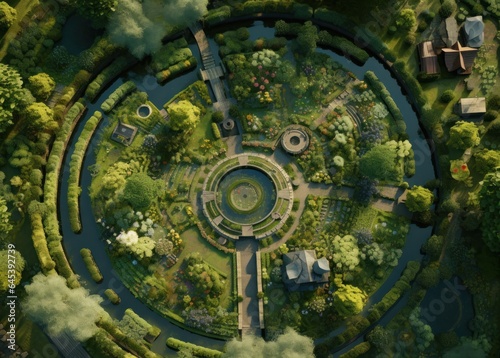 Aerial drone view from the top of a garden path