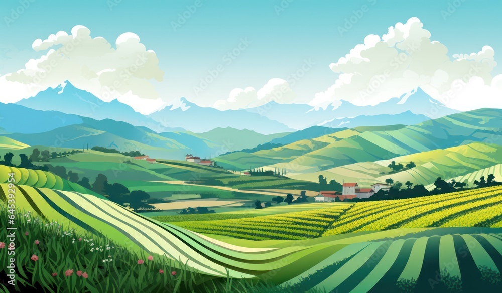 A farmland illustration with the mountains in the background