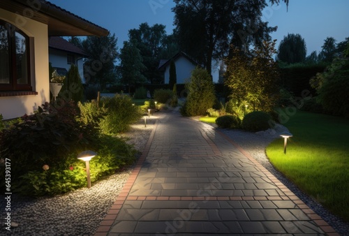 A lawn with garden lighting illuminating a walkway