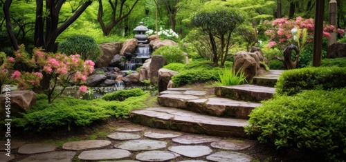 A small garden scene with lawn, trees, and steps © olegganko