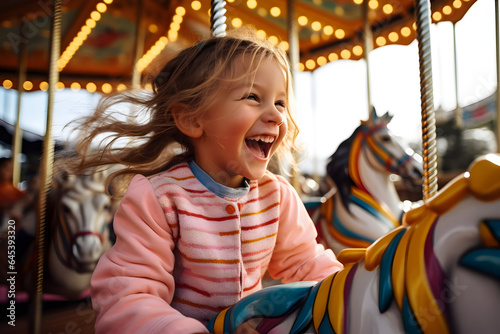 Pure Joy A Happy Little Girl Radiating Excitement and Delight as She Rides a Colorful Carousel, Having the Time of Her Life at an Amusement Park