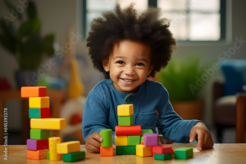 Exploring Creativity A Lifestyle Photograph Capturing a Young African American Toddler's Joyful Playtime with Colorful Wooden Blocks