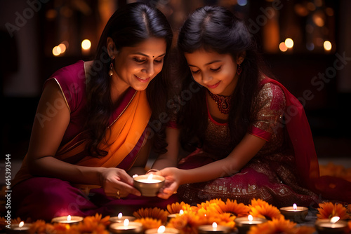 Diwali Devotion An Indian Mother and Daughter Engaged in Prayer Ceremonies and Puja, Embracing the Spirit of the Festival Happy Diwali day