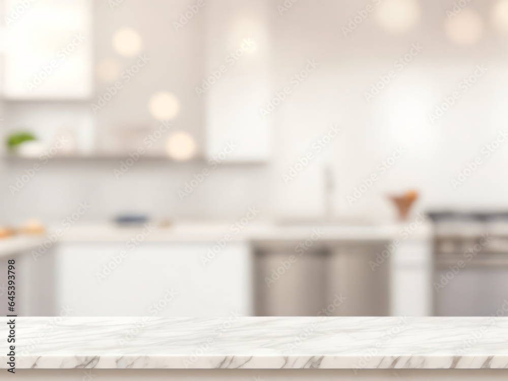 Empty white marble table top with blurred modern kitchen background, Interior background for display or montage of product
Empty white marble table top with blurred modern kitchen background, Interior background for display or montage of product