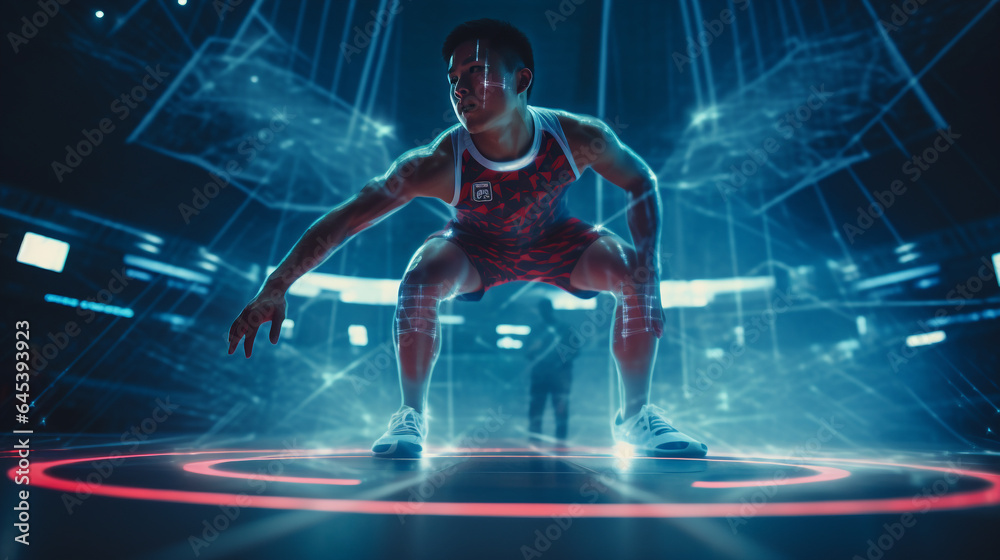 Generative ai portrait asiatic man athlete posing on futuristic cyberspace immersive metaverse background