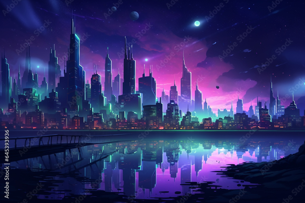 Generative ai cyberpunk night city landscape with glowing neon lights