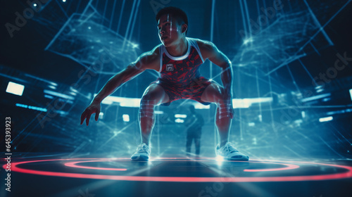 Generative ai portrait asiatic man athlete posing on futuristic cyberspace immersive metaverse background © Eugenio Marongiu