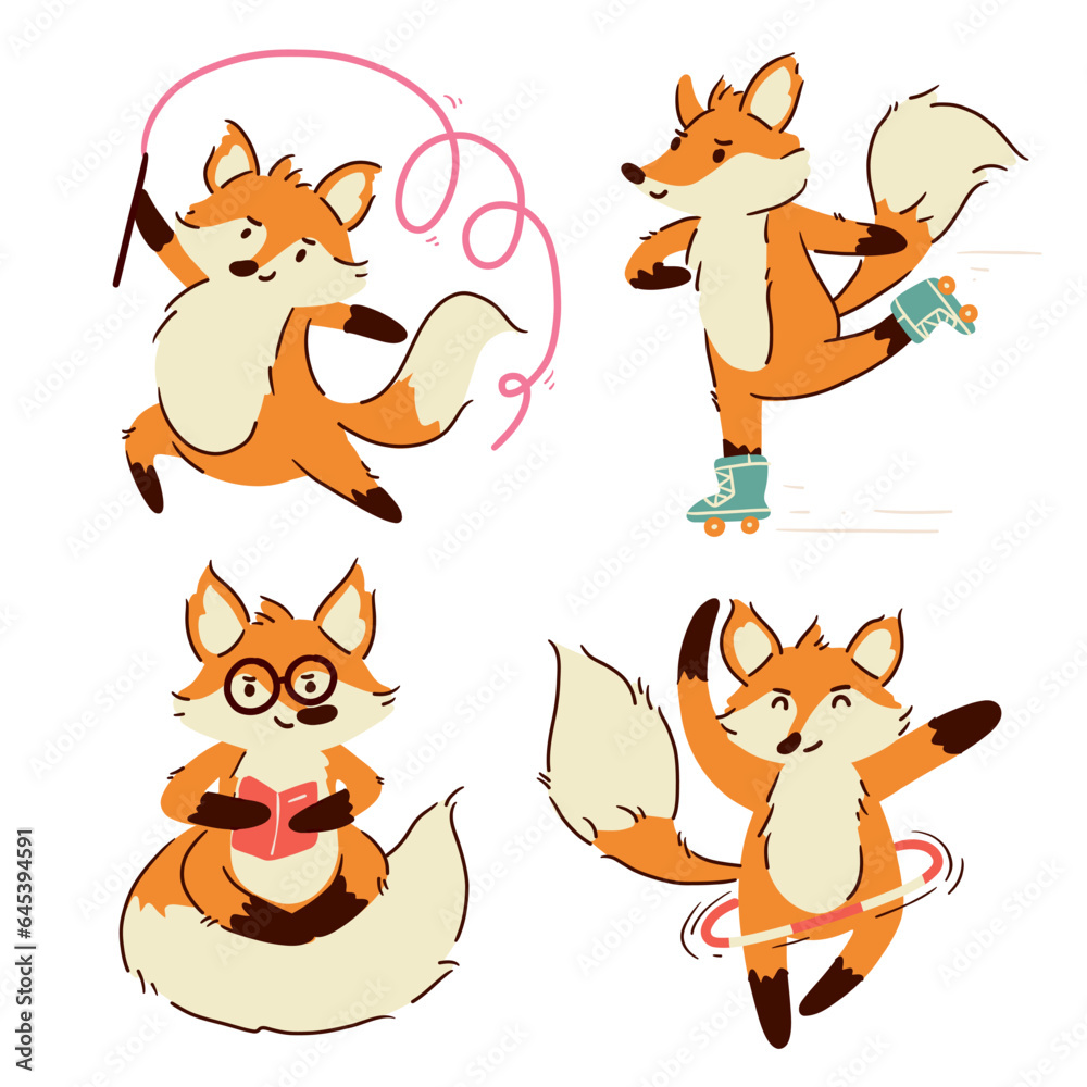 Fox . Set of cute cartoon characters . Hand drawn style . White isolated background . Vector . Fox . Set of cute cartoon characters . Hand drawn style . White isolated background . Vector .