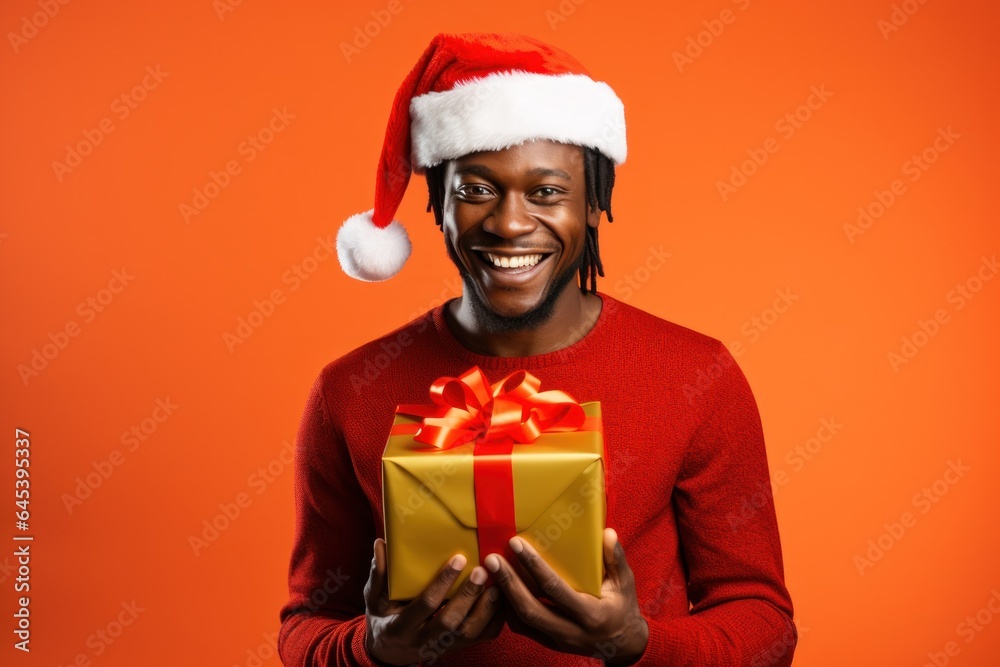 dark-skinned smiling man with a box with a bow and a Santa Claus hat on an orange background. dark-skinned smiling man with a box with a bow and a Santa Claus hat on an orange background.