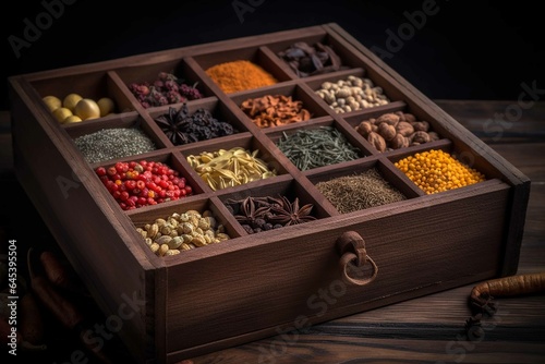 Variety of most most popular spices in a wooden box © MaxSimplify