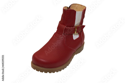 red boot isolated,children's boots on a white background, leather shoes for girls