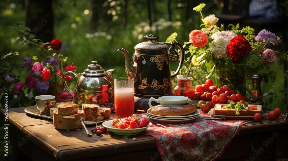 Old Russian rustic table with samovar, bagels and other kitchen utensils outdoors. Generative Ai