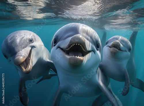 A group of dolphins looking at the camera
