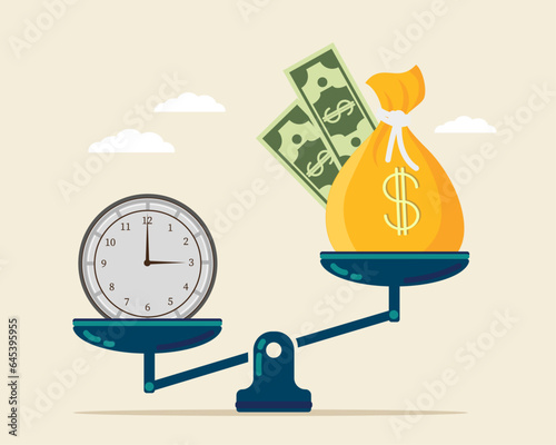 Vector watches and money are on scales. The concept of weighing time and money to find a balance in life.