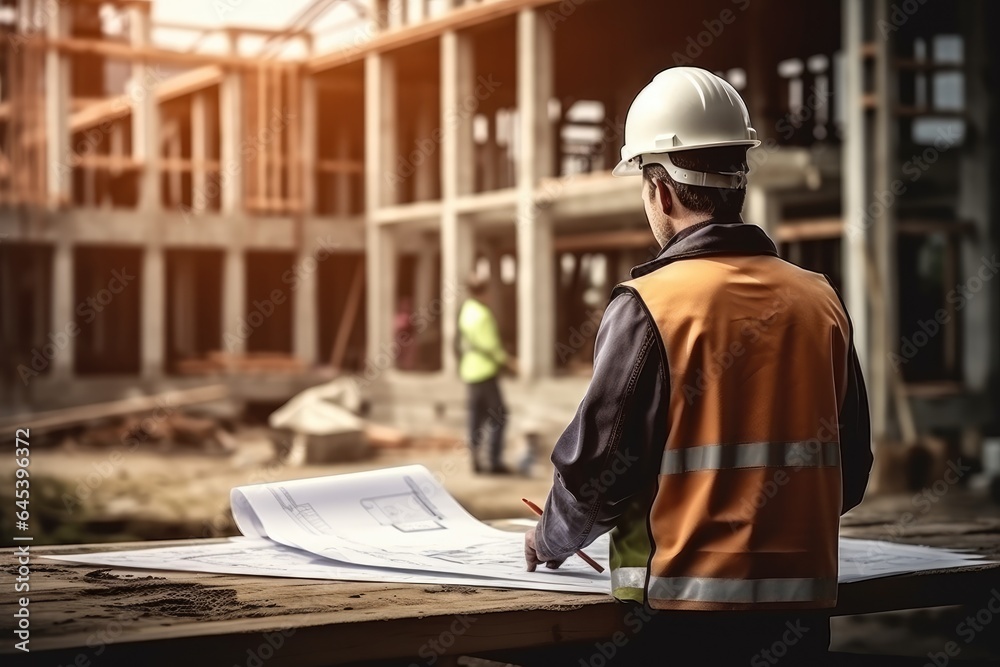 Professional engineer in protective helmet and blueprints paper at house building construction site. Professional engineer in protective helmet and blueprints paper at house building construction site.