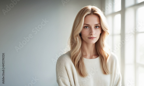 immagine primo piano di giovane affascinante donna, spazio luminoso, luce diurna, sguardo verso l'osservatore