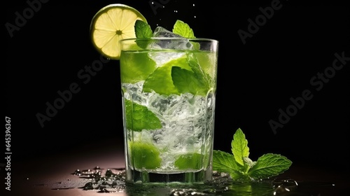 Refreshing mojito with lime, mint and ice in a glass.