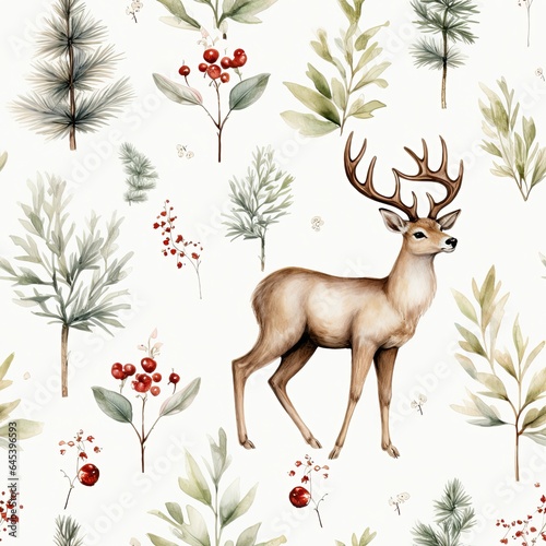 Watercolor cartoon reindeer pattern. Christmas background illustration. Generative AI