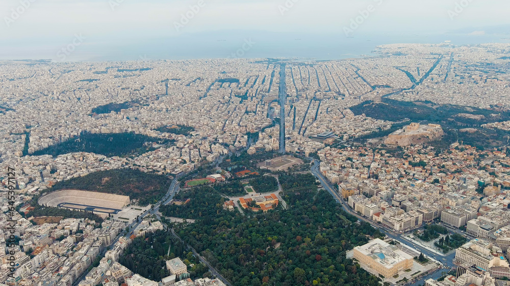 Athens, Greece. Panorama of the central part of the city early in the morning. Cloudy weather, Aerial View
