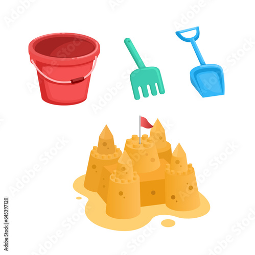 Sand Castle, Bucket And Scope. Beach Or Sandbox Toy Collection Set Cartoon illustration Vector