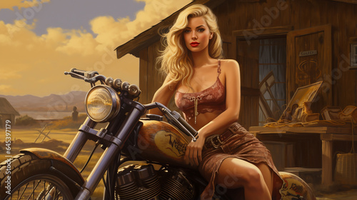 passeio de moto de  garota pinup beleza cowgirl fazenda photo
