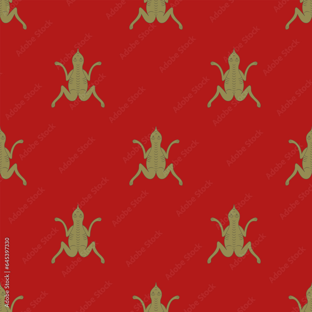 Seamless animal pattern with stylized funny green frogs or toads. Russian medieval design. On red background. Seamless animal pattern with stylized funny green frogs or toads. Russian medieval design. On red background.