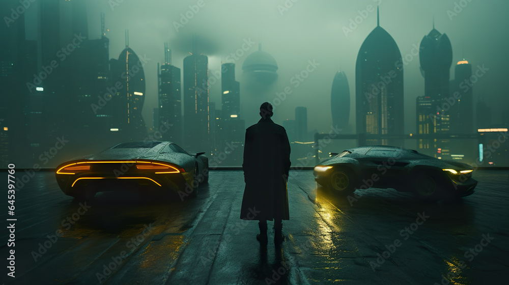 © goami - man in dark futuristic cyberpunk city, fantasy and sci fi, generative AI © goami - man in dark futuristic cyberpunk city, fantasy and sci fi, generative AI