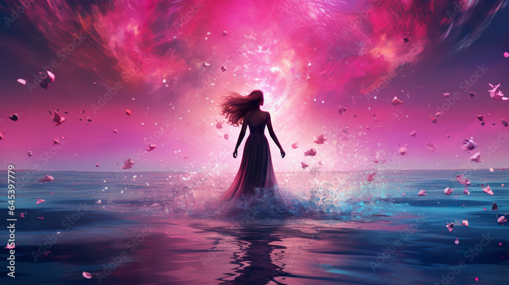 illustration of beautiful woman in fantasy world, pink and purple sky and sea, generative AI - obrazy, fototapety, plakaty 
