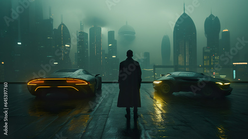 Foto man in dark futuristic cyberpunk city, fantasy and sci fi, generative AI