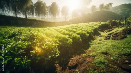 herbal tea farm valley landscape for herbal cultivation and relaxation generative ai