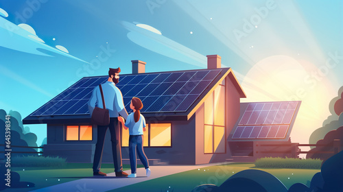 illustration of happy family of father and daughter stay by eco friendly house with solar panels, sustainable renewable energy concept, generative AI