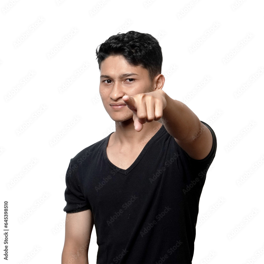 An Asian man is showing something with his index finger wearing a plain black T-shirt An Asian man is showing something with his index finger wearing a plain black T-shirt