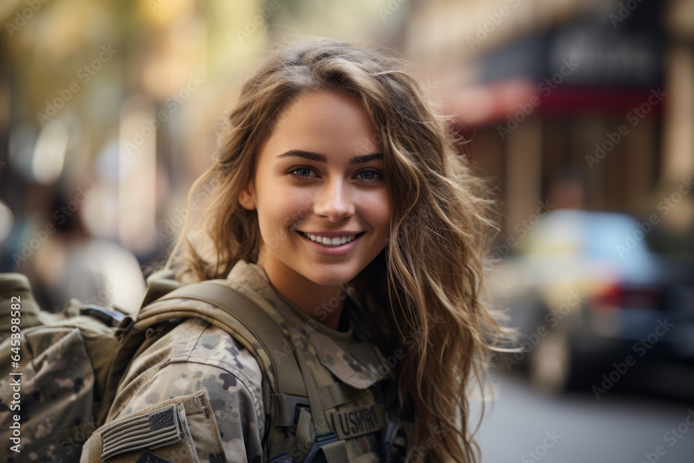 Veterans Day Young Female Soldier Soldier Standing Outside Smiling At The Camera Friendly
