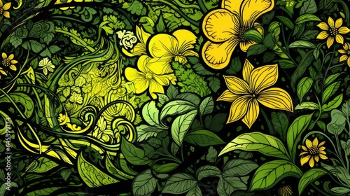 Close up group of background green leaves texture and abstract yellow flowers for background. Nature concept.