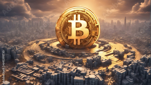 Bitcoin symbol placed on a futuristic landscape, symbolizing the rise and impact of the leading cryptocurrency. Generative AI
