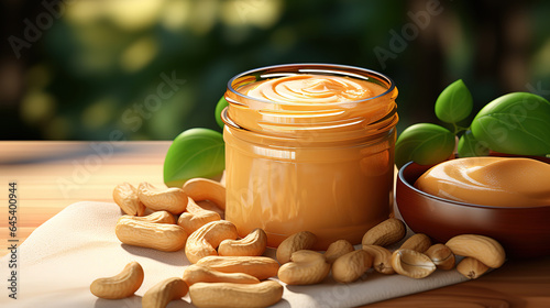Creamy peanut butter with nuts, Bright color. Generative Ai