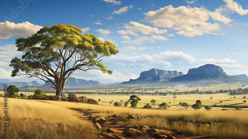 Golden grassland landscape in the bush with large tree with Grampians mountains. Generative Ai