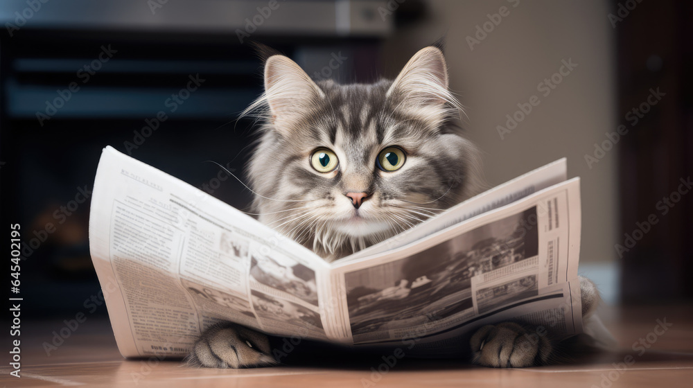 shocked cat reading a newspaper - obrazy, fototapety, plakaty 