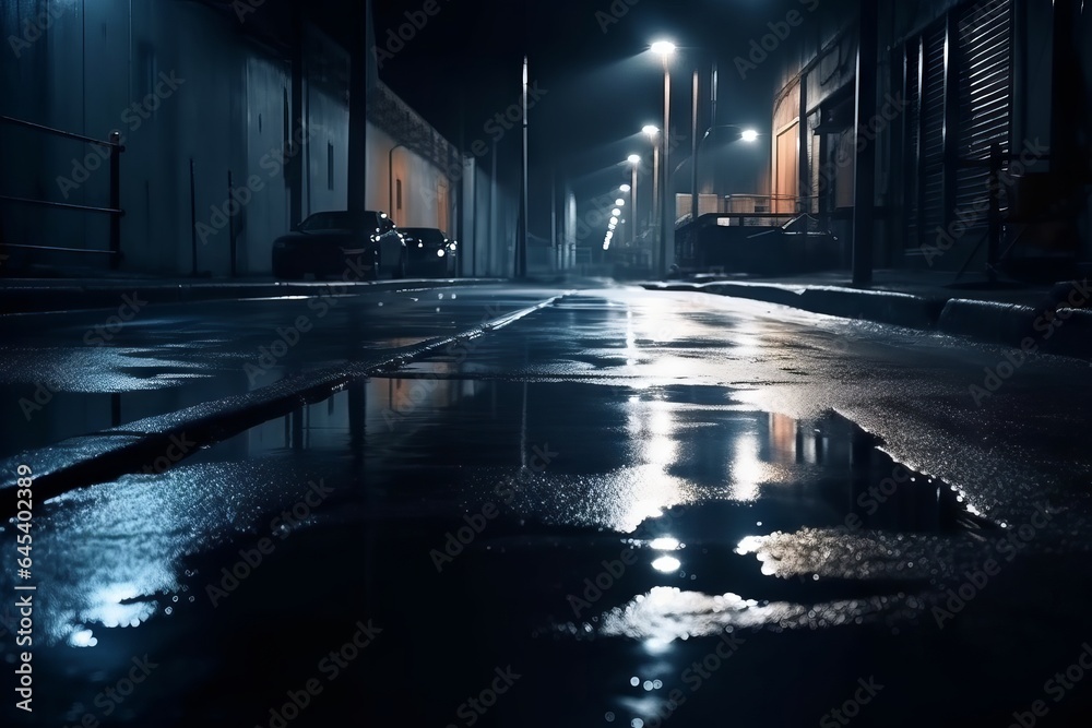 A dimly lit city street with reflective puddles at night