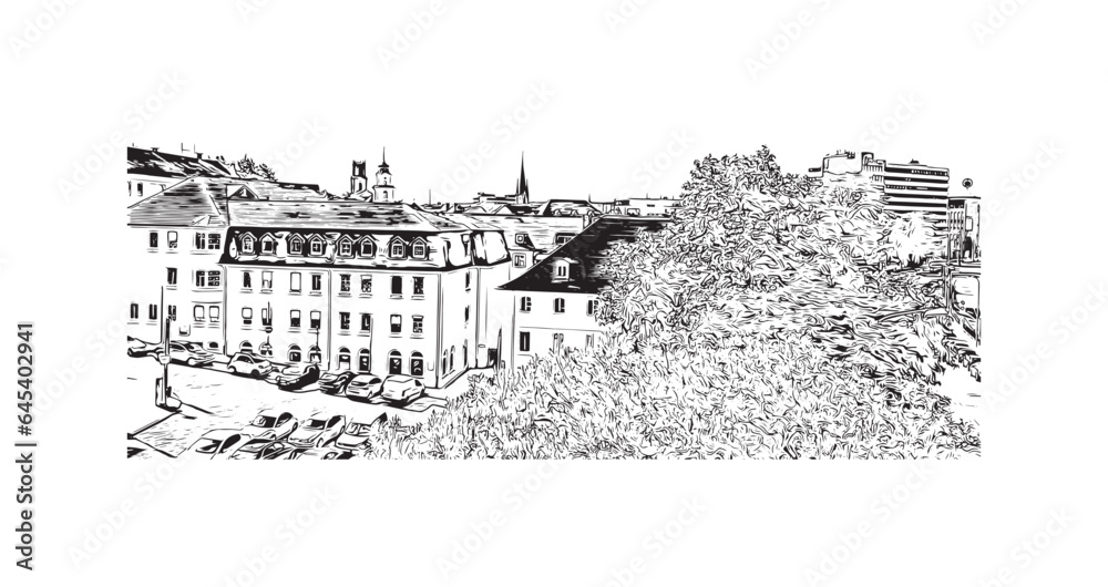 Building view with landmark of Saarbruck is the city in Germany. Hand drawn sketch illustration in vector.