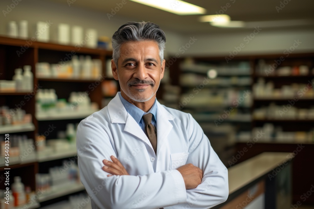 Happy Asian Indian male pharmacist standing in pharmacy Happy Asian Indian male pharmacist standing in pharmacy
