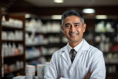 Happy Asian Indian male pharmacist standing in pharmacy